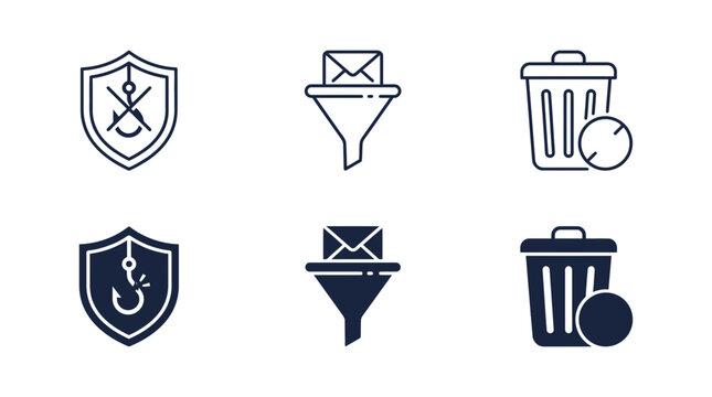 Cybersecurity and email filtering icon set for anti phishing protection spam filter and data deletion