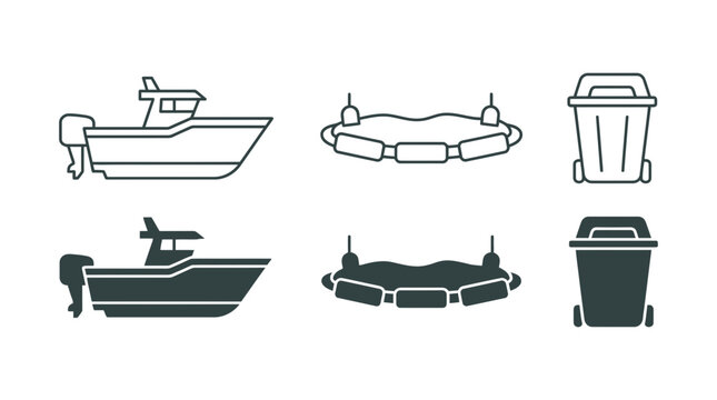 Maritime and environmental protection icons with motorboat oil containment boom and waste bin, motorboat