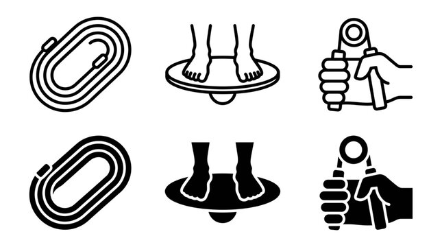 Physical therapy and fitness equipment icons including resistance band balance board and hand grip exerciser