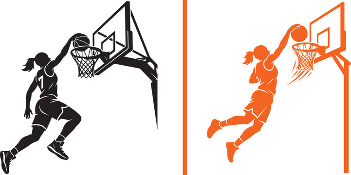 Minimalist vector graphic showing a black female basketball player mid-dunk on the left, separated by a vertical orange line from a stylized orange player shooting a layup on the right.