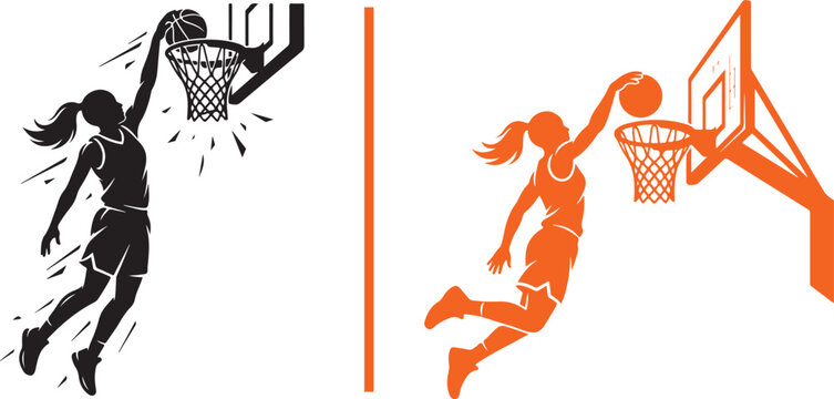 Minimalist vector graphic showing a black female basketball player mid-air dunking on the left, separated by a vertical orange line from an orange player scoring a layup on the right.