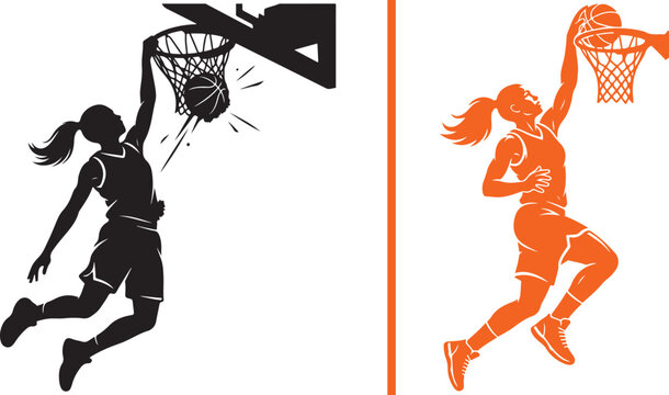 Vector graphic showing a black silhouette of a female basketball player dunking on the left side and an orange silhouette of a female player scoring on the right, separated by a vertical orange line.