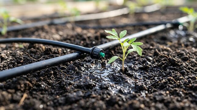 Drip irrigation system watering small tomato plant in garden soil with watering