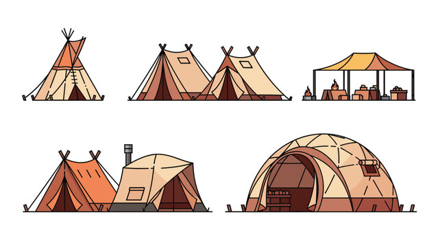 Set of diverse camping tents and shelters including tipis, traditional A-frames, canopies, and modern dome structures.