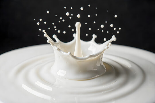 Millisecond before impact macro view of a perfectly spherical heavy milk drop falling toward a calm white liquid surface