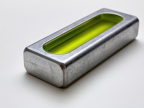 Silver block with green glass inset, rectangular shape.