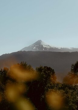 Snow-capped Villarrica volcano with autumn forest in foreground Pucon Chile