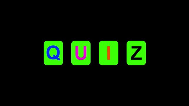 Animated quiz text displayed on colorful rounded tiles with a clean, minimal style for education content, online learning and kids content e-learning platforms