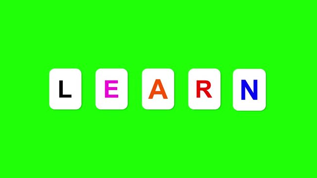 Animated learn text displayed on colorful rounded tiles with a clean, minimal style for education and academic content, kids learning videos, and online e-learning platforms