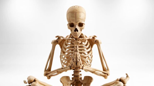Human skeleton in prayer meditation pose against white background