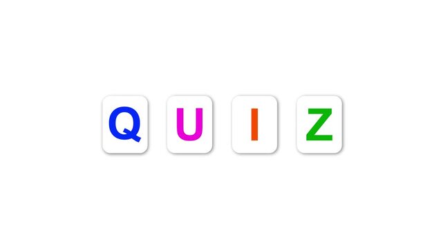 Animated quiz text displayed on colorful rounded tiles with a clean, minimal style for education content, online learning and kids content e-learning platforms
