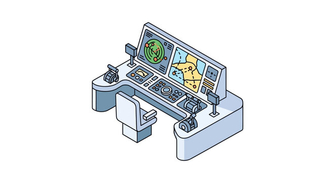An isometric illustration of a futuristic ship command center console