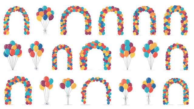Extensive set of colorful balloon decorations including various arched designs and floating bouquets for party and celebration events.