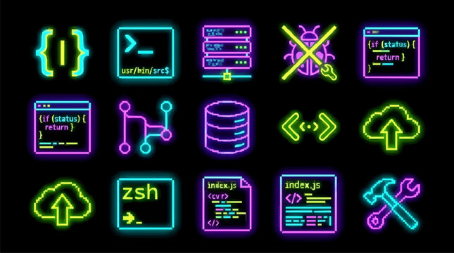 Neon Software Development Icon Pack. Dynamic Colorful Pixel Style Programming Symbols, Coding Infrastructure, Server Management, Cloud Storage, Debugging Tools, and File Script Elements Set.