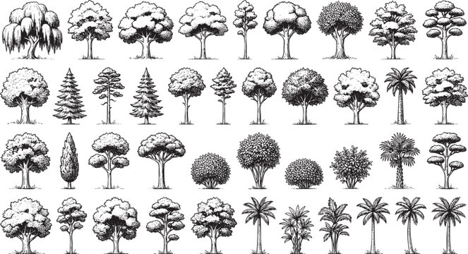 Vintage plants and trees engraving asset set, hand-drawn vector illustration collection of garden flora, shrubs, and architectural vegetation.
