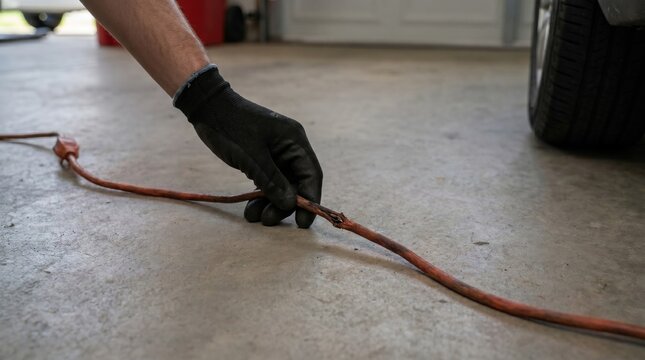 A close up of a gloved hand touching a damaged and frayed electrical extension cord on a concrete floor.