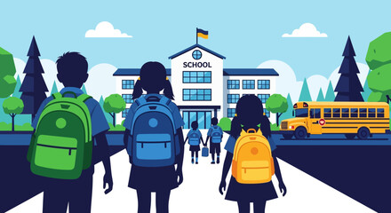 Naklejka premium Group of students with colorful backpacks walking towards a school building on a bright day.