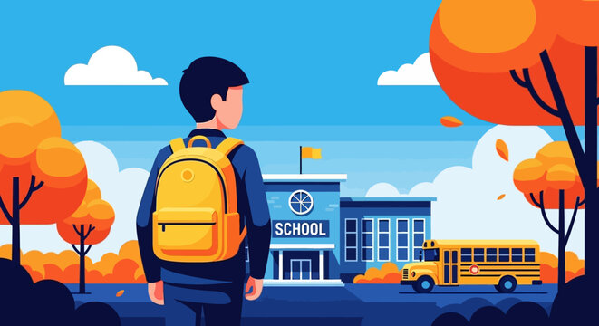 Young school boy with yellow backpack walking towards school building.