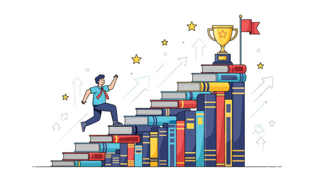 Ambitious student running up a flight of stairs constructed from large books to reach a gold trophy and a finish line flag.