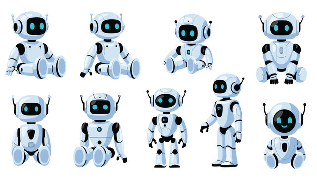 Collection of adorable white robot characters designed with large glowing blue eyes in multiple sitting and standing poses.