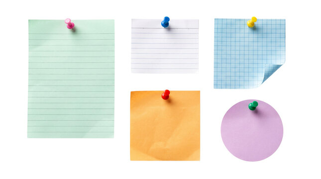 Colorful sticky notes with push pins, collection of blank paper memo pads and reminder notes, office stationery set for organization and planning isolated PNG with Transparent Background