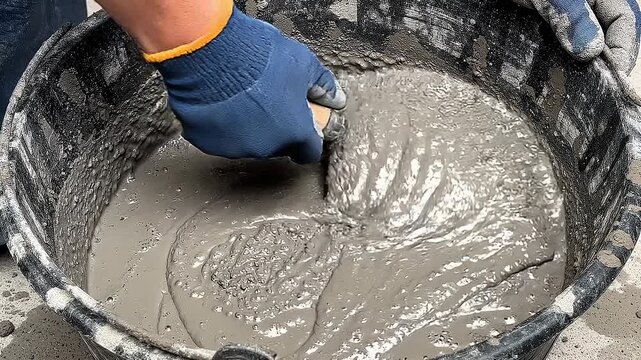 Worker in blue gloves mixes wet concrete in a black bucket with a trowel. This captures manual labor and the texture of construction. Ideal for DIY and renovation content.
