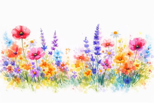 Watercolor Illustration of Colorful Wildflowers Including Red Poppies Purple Blooms Yellow and Orange Blossoms with Soft Green Foliage in a Bright Expressive Composition