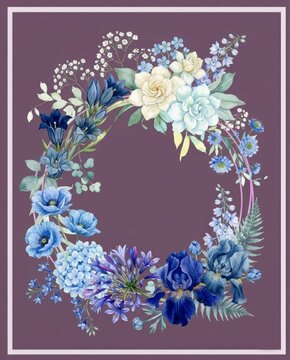  Refined Watercolor Illustration Highlighting the Beauty of Blue and White Petals with Detailed Leaves in a Symmetrical Floral Arrangement