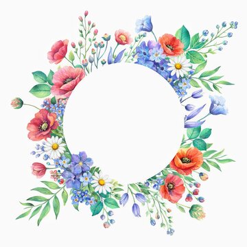 Watercolor Floral Wreath Featuring Red Poppies Bluebells Daisies and Soft Pastel Blossoms Arranged in a Delicate Circular Composition with Green Foliage on a Light Background