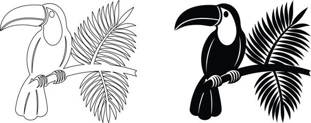 Fototapeta premium Toucan bird perched on branch with tropical leaf outline and silhouette.