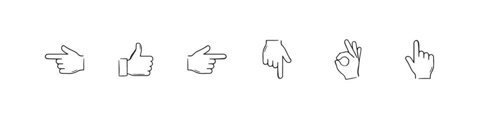 Obraz premium Vector icons of various hand gestures in a clean, hand-drawn outline style, featuring a pointing index finger, OK sign, left-pointing hand, thumbs up, downward-pointing hand, and a right-pointing hand