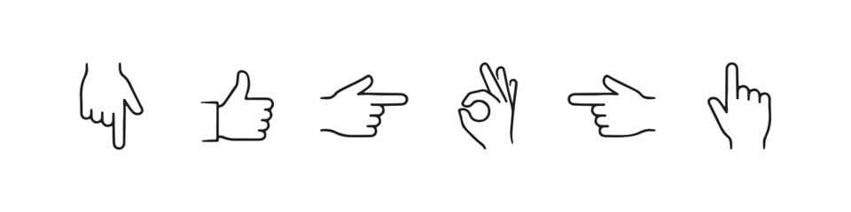 Fototapeta premium Vector icons of various hand gestures in a clean, hand-drawn outline style, featuring a pointing index finger, OK sign, left-pointing hand, thumbs up, downward-pointing hand, and a right-pointing hand