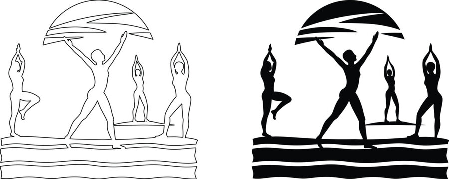 Yoga group practicing on beach silhouette and line art vector design for wellness themes.