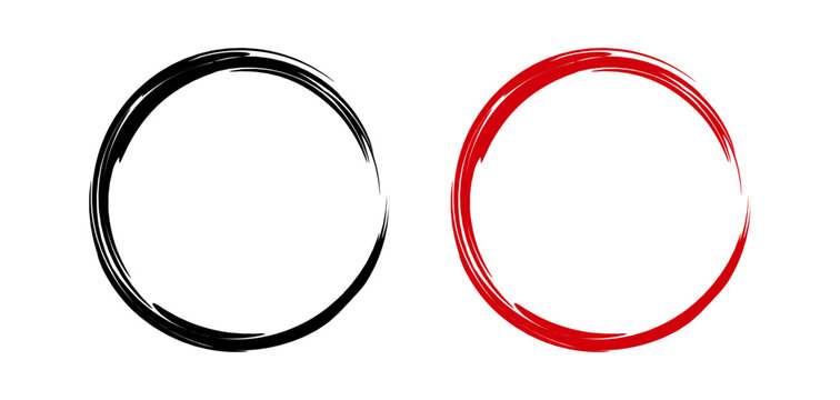 Circle brush stroke Chinese boarder. Red, Black circular border isolated on white background. Japanese frames. Round calligraphy China pattern. Paint element. Drawn design prints. Vector illustration