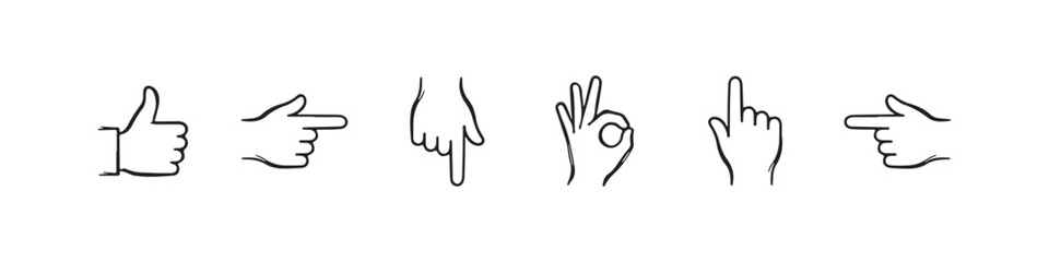 Fototapeta premium Vector icons of various hand gestures in a clean, hand-drawn outline style, featuring a pointing index finger, OK sign, left-pointing hand, thumbs up, downward-pointing hand, and a right-pointing hand