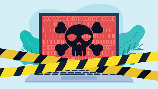 Vector of a hacker attack on a laptop. The user clicks on an email attachment containing a virus that infects the entire laptop. The infected laptop is secured with a quarantine tape.