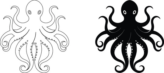 Detailed black silhouette of octopus with long tentacles isolated on transparent backdrop. © kajallata