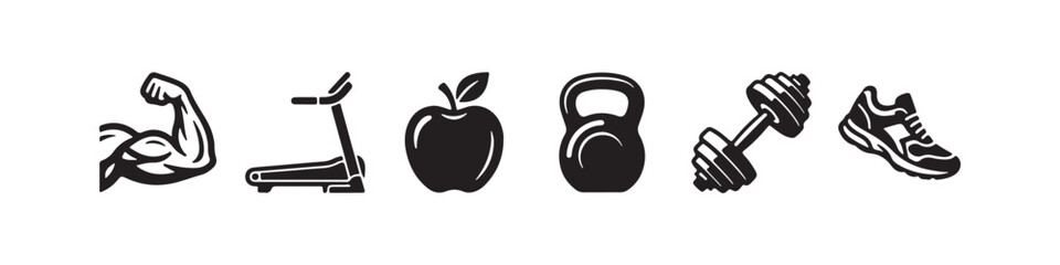 Fototapeta premium Vector icons representing fitness, bodybuilding, and a healthy lifestyle in a clean black silhouette style. The set features a flexing bicep with a wristband, a treadmill, a running sneaker, a crossed