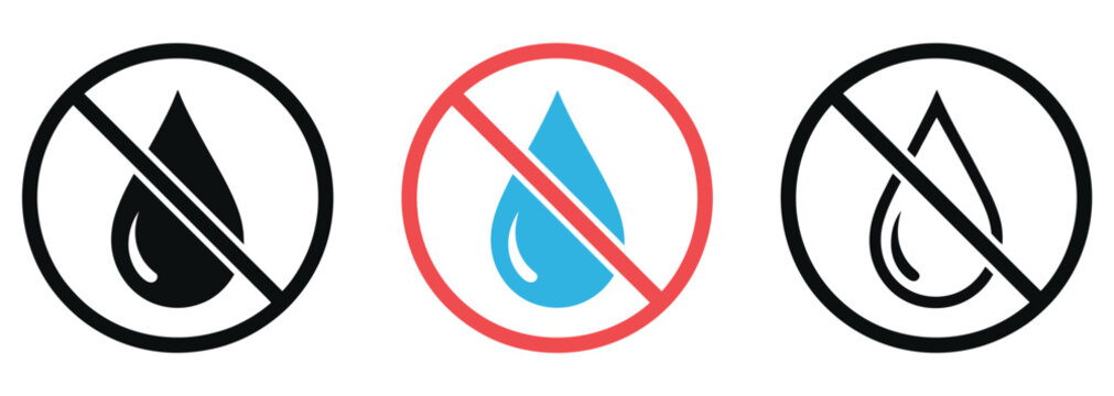 No water drop sign symbol set for water restriction, waterproof prohibition, and moisture control warning circular icon design elements