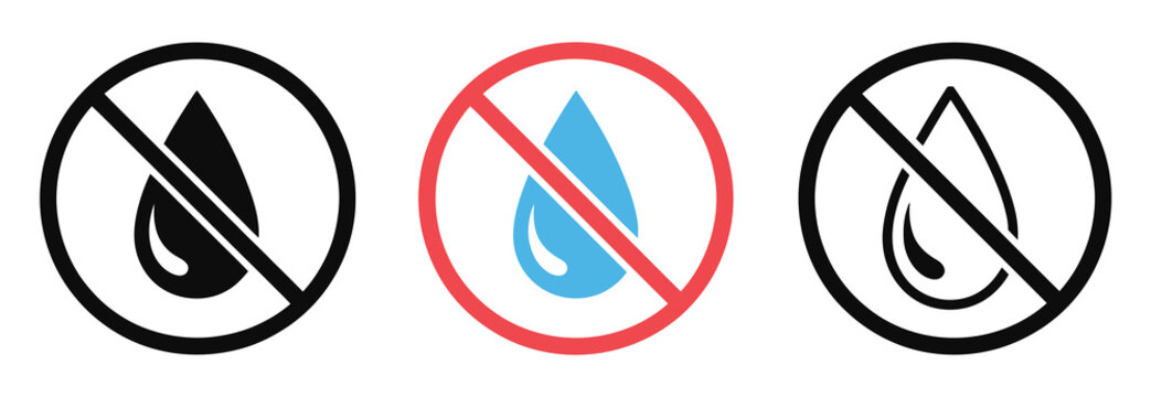 No water drop icon collection illustrating water restriction warning, prohibited moisture symbols, and non-water-resistant protection sign pictograms