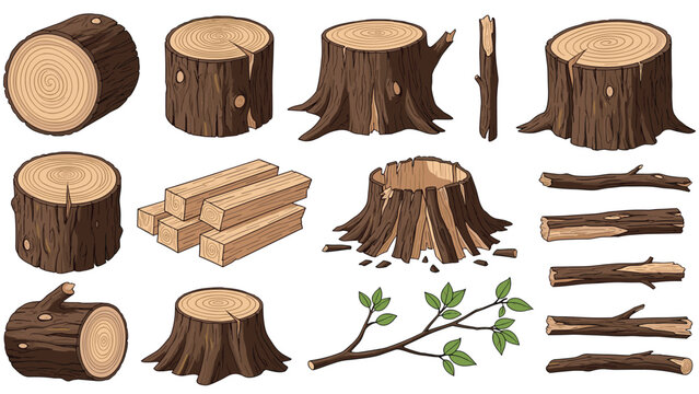 Diverse collection of wood elements including freshly cut logs, tree stumps, stacked planks, and branches highlights various stages of timber.