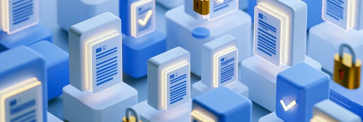Fototapeta premium Glossy render of an abstract corporate claims process featuring illuminated document cards checkmarks and security icons suspended in a blue and white digital environment with a