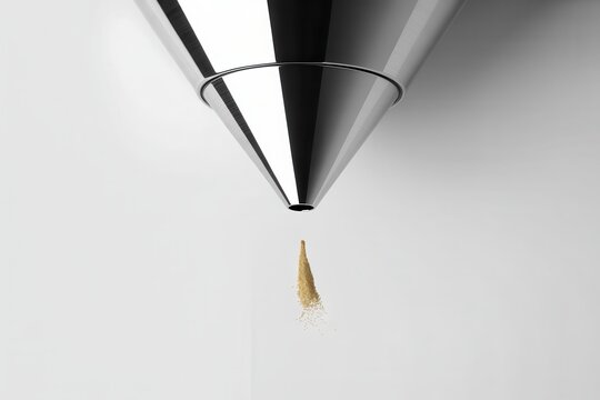 Two metallic cones drip liquid onto a surface from above.