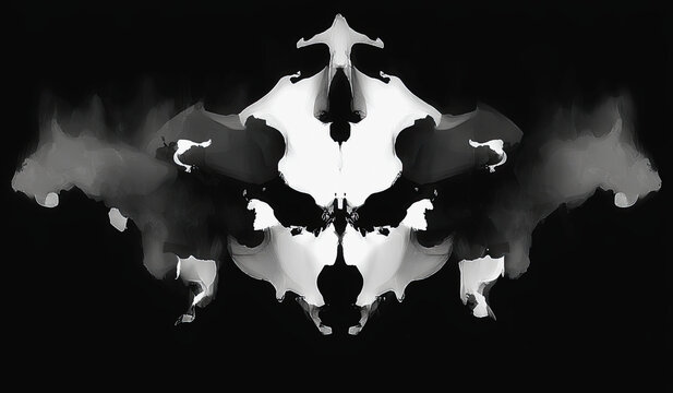 Symmetrical black and white inkblot pattern reminiscent of Rorschach psychological test. Abstract organic shapes create mirror on dark . For psychology and perception concepts.
