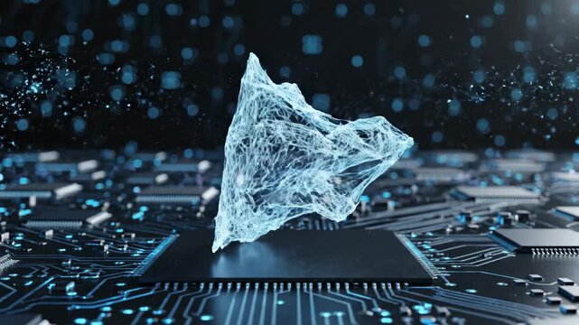Intricate crystalline structure of abstract digital data emerges from a glowing motherboard, symbolizing the complex nexus of technology, information flow, and future innovation in a mesmerizing