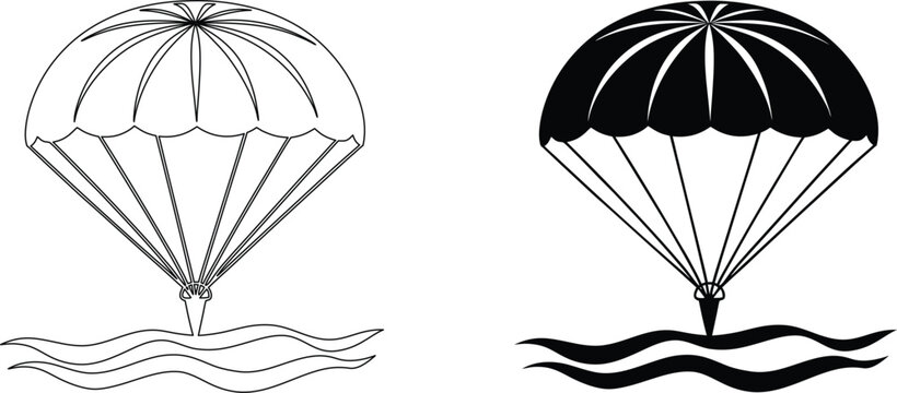 Minimalist graphic silhouette of round parachute canopy floating over waves on background.