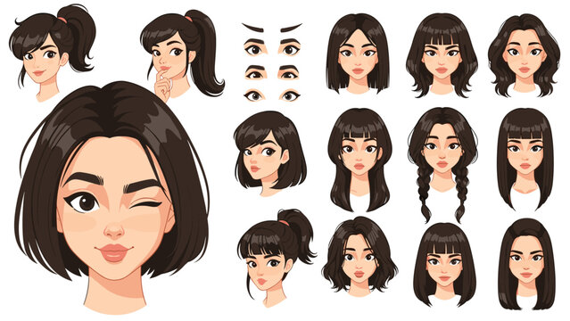 Character design sheet showcases one female character with various facial expressions, eye styles, and a wide range of fashionable hairstyles.