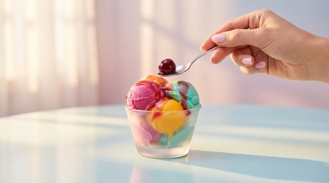 Hand holding spoon with cherry over colorful ice cream scoops