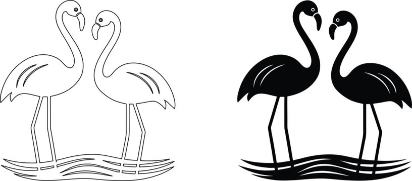 Pair of flamingos standing in water, elegant line art and solid black silhouette.