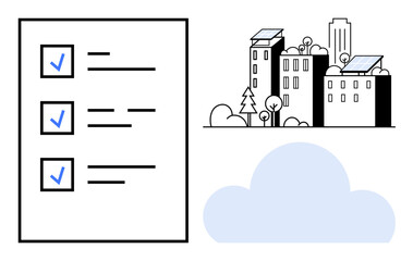 Sustainability, renewable energy, eco-friendly solutions, urban planning, clean energy, smart cities. Outline of buildings with solar panels, checklist and cloud symbol. Sustainability and renewable © robu_s
